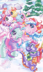 Size: 325x541 | Tagged: safe, artist:lyn fletcher, brights brightly, master kenbroath gilspotten heathspike, minty, rarity (g3), sweetie belle (g3), dragon, earth pony, pony, unicorn, g3, official, blushing, clothes, g3 spikabetes, hat, headband, scarf, snow, sweater, winter