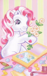 Size: 295x476 | Tagged: safe, star swirl (g3), earth pony, pony, g3, official, book, bouquet, crayon, female, flower, heart, hoof heart, sitting, solo, thread