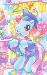 Size: 324x518 | Tagged: safe, artist:lyn fletcher, rainbow dash (g3), earth pony, pony, g3, official, bipedal, blushing, female, graduation, graduation cap, hat, heart, heart eyes, indoors, pastel, solo, wingding eyes