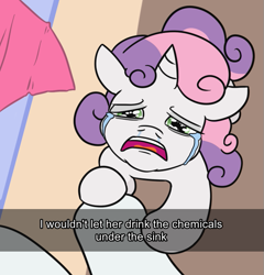 Size: 639x667 | Tagged: safe, artist:jargon scott, rarity, sweetie belle, pony, unicorn, g4, belle sisters, crying, female, female pov, filly, foal, looking at you, looking up, looking up at you, mare, meme, offscreen character, offscreen female, ponified meme, pov, siblings, sisters, solo focus, sweetiedumb, text, too dumb to live