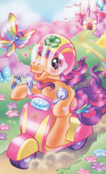 Size: 327x539 | Tagged: safe, artist:lyn fletcher, scootaloo (g3), butterfly, earth pony, pony, g3, official, castle, celebration castle, clover, four leaf clover, heart, heart eyes, helmet, hoof heart, hot air balloon, scooter, solo, wingding eyes