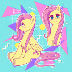 Size: 1280x1280 | Tagged: safe, artist:virgoberries, fluttershy, pegasus, pony, g4, abstract background, blush sticker, blushing, female, folded wings, head tilt, looking at you, mare, outline, profile, sitting, smiling, solo, wings