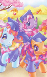 Size: 324x531 | Tagged: safe, artist:lyn fletcher, rainbow dash (g3), scootaloo (g3), starsong, earth pony, pegasus, pony, g3, official, blushing, clothes, female, graduation, graduation cap, hat, heart, heart eyes, hoof heart, outdoors, tree, trio, trio female, wingding eyes