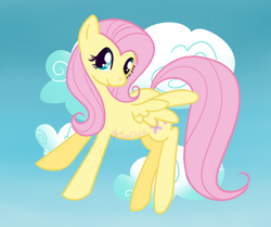 Size: 1280x1071 | Tagged: safe, artist:foxpocx, fluttershy, pegasus, pony, g4, aside glance, female, flying, looking at you, mare, outdoors, sky background, smiling, smiling at you, solo, spread wings, turned head, wings