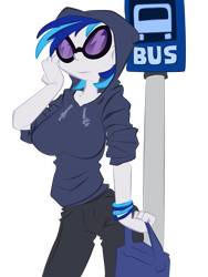 Size: 2121x2828 | Tagged: safe, artist:epic-panda17, artist:trollie trollenberg, dj pon-3, vinyl scratch, human, g4, 2011, breasts, bus stop, busty vinyl scratch, clothes, female, high res, hoodie, humanized, pony coloring, simple background, solo, transparent background