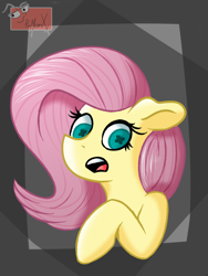 Size: 864x1152 | Tagged: safe, artist:pigmanxx, fluttershy, pony, g4, abstract background, bust, female, floppy ears, looking at you, mare, open mouth, raised hoof, solo, three quarter view, wingding eyes