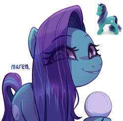 Size: 1942x1905 | Tagged: safe, artist:maren, snowball (g2), earth pony, pony, g2, g4, eye clipping through hair, female, g2 to g4, generation leap, grin, mare, raised hoof, simple background, smiling, snow, snowball, solo, white background