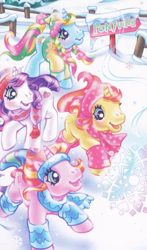 Size: 312x532 | Tagged: safe, artist:lyn fletcher, brights brightly, rarity (g3), sweetie belle (g3), whistle wishes, pony, unicorn, g3, official, blushing, clothes, female, hat, heart, heart eyes, hoof heart, leg warmers, running, scarf, snow, starry eyes, wingding eyes, winter, winter outfit