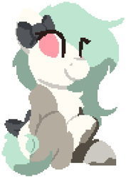 Size: 378x534 | Tagged: safe, artist:rhythmpixel, oc, oc only, earth pony, pony, bow, female, looking at you, mare, pixel art, simple background, sitting, solo, transparent background