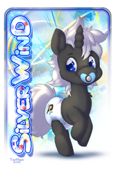 Size: 600x900 | Tagged: safe, artist:tavimunk, oc, oc:silfrvind, pony, unicorn, baby, baby pony, clean, colt, cutie mark, diaper, foal, male, name tag, pacifier