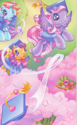 Size: 332x534 | Tagged: safe, artist:lyn fletcher, rainbow dash (g3), scootaloo (g3), starsong, bird, earth pony, pegasus, pony, g3, official, blushing, flying, graduation cap, hat, high angle, hoof heart, starry eyes, tree, trio, wingding eyes