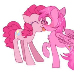 Size: 1077x1031 | Tagged: safe, artist:lucherik, pinkie pie, rainbow dash, earth pony, pegasus, pony, g4, blushing, chest fluff, duo, eyes closed, female, lesbian, licking, mare, partially open wings, pink rainbow dash, raised hoof, recolor, ship:pinkiedash, shipping, simple background, smiling, standing, tongue out, white background, wings