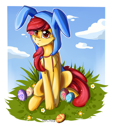 Size: 2000x2200 | Tagged: safe, artist:yuris, apple bloom, earth pony, pony, g4, clothes, cute, ears, easter, egg, female, filly, flower, foal, grass, happy easter, high res, holiday, hood, orange eyes, red mane, solo