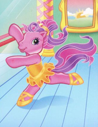 Size: 326x423 | Tagged: safe, artist:carlo loraso, skywishes, earth pony, pony, g3, official, ballet, ballet slippers, clothes, dancing, indoors, mirror, picture frame, ponytail, solo, tutu, yellow dress