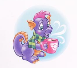 Size: 261x231 | Tagged: safe, artist:lyn fletcher, master kenbroath gilspotten heathspike, dragon, g3, official, abstract background, blushing, chocolate, clothes, cute, food, g3 spikabetes, hot chocolate, mug, scarf, solo, white background