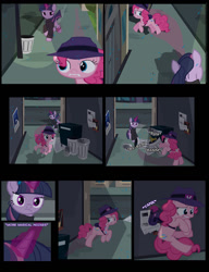 Size: 1042x1358 | Tagged: safe, artist:dendoctor, mean twilight sparkle, pinkie pie, alicorn, earth pony, pony, comic:clone.., g4, alternate universe, clone, clothes, comic, female, glowing, glowing horn, horn, injured, magic, pinkie clone, rain, trash can, twilight sparkle (alicorn)