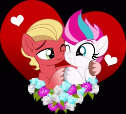 Size: 2048x1862 | Tagged: safe, artist:jhayarr23, sprout cloverleaf, zipp storm, earth pony, pegasus, pony, g5, black background, female, flower, heart, male, mare, shipping, simple background, smiling, stallion, straight, zippsprout