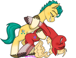 Size: 640x491 | Tagged: safe, artist:storfulsten, hitch trailblazer, sprout cloverleaf, earth pony, pony, g5, my little pony: a new generation, blushing, cute, dancing, gay, hoof hold, male, ship:clovertrail, shipping, signature, simple background, smiling, stallion, transparent background