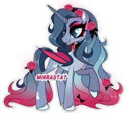 Size: 2304x2059 | Tagged: safe, artist:mirrastat, oc, alicorn, bat pony, bat pony alicorn, pony, alicorn oc, base used, bat pony oc, bat wings, colored hooves, concave belly, eyelashes, female, flower, flower in hair, high res, horn, looking back, makeup, mare, rose, simple background, slender, smiling, solo, thin, transparent background, wings