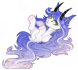 Size: 2300x2064 | Tagged: safe, artist:strangle12, oc, oc only, pony, butt, ethereal mane, female, frown, high res, horns, lying down, mare, on back, plot, simple background, solo, starry mane, underhoof, white background
