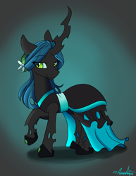 Size: 2550x3300 | Tagged: safe, artist:aurorafang, queen chrysalis, changeling, changeling queen, canterlot wedding 10th anniversary, g4, beautiful, clothes, dress, female, gradient background, high res, hoof shoes, lidded eyes, smiling, solo, wedding dress