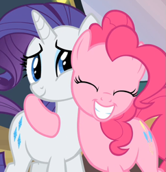 Size: 577x596 | Tagged: safe, screencap, pinkie pie, rarity, earth pony, pony, unicorn, g4, hearth's warming eve (episode), season 2, cropped, cute, diapinkes, duo, eyes closed, female, hug, mare, raribetes, smiling