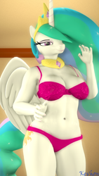 Size: 2160x3840 | Tagged: safe, artist:kevhon, princess celestia, alicorn, anthro, 3d, art trade, belly button, bra, breasts, busty princess celestia, clothes, collar, crown, eyeshadow, female, jewelry, lingerie, looking at you, makeup, nail polish, panties, pink underwear, pose, regalia, solo, source filmmaker, stupid sexy celestia, underwear, wings