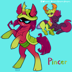 Size: 2048x2048 | Tagged: safe, artist:3ggmilky, tempest shadow, thorax, oc, changedling, changeling, changepony, hybrid, pony, unicorn, g4, blue background, cloven hooves, female, high res, interspecies offspring, king thorax, male, offspring, parent:tempest shadow, parent:thorax, parents:temprax, shipping, simple background, straight, temprax