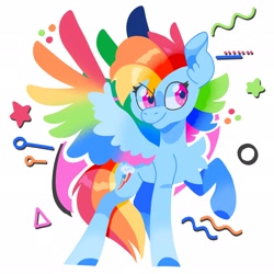 Size: 2048x2048 | Tagged: safe, artist:pastacrylic, rainbow dash, pegasus, pony, g4, alternate hairstyle, chest fluff, colored wings, high res, multicolored wings, rainbow wings, raised hoof, simple background, solo, white background, wings