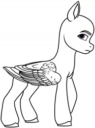 Size: 1208x1613 | Tagged: safe, artist:dancingkinfiend, oc, pegasus, pony, g5, my little pony: a new generation, base, black and white, caption, folded wings, free to use, grayscale, image macro, lineart, monochrome, simple background, solo, white background, wings