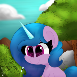 Size: 2000x2000 | Tagged: safe, artist:daftramms, izzy moonbow, bee, insect, pony, unicorn, g5, cloud, cute, high res, izzybetes, smiling, solo, tree