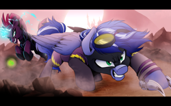 Size: 4000x2480 | Tagged: safe, artist:dormin-dim, tempest shadow, oc, oc:lightning flare, pegasus, pony, unicorn, g4, clothes, costume, goggles, hoof blades, impending doom, shadowbolts costume, this will not end well