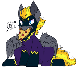 Size: 948x843 | Tagged: safe, artist:heart-sketch, oc, oc only, oc:blaze (shadowbolt), pegasus, pony, angry, clothes, costume, food, grumpy, meat, pepperoni, pepperoni pizza, pizza, shadowbolts, shadowbolts costume, simple background, sitting, solo, transparent background