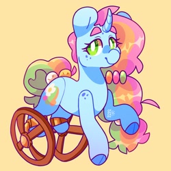 Size: 2500x2500 | Tagged: safe, artist:cocopudu, oc, oc only, oc:sherbet, pony, unicorn, amputee, cloven hooves, female, freckles, high res, mare, smiling, solo, wheel