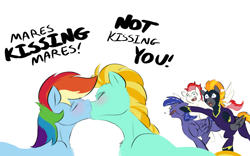 Size: 1913x1197 | Tagged: safe, artist:testostepone, lightning dust, rainbow dash, oc, oc:blaze (shadowbolt), oc:lightning flare, oc:swift apex, pegasus, pony, g4, blushing, clothes, costume, female, flare abuse, kiss on the lips, kissing, lesbian, lesbian in front of boys, male, mare, shadowbolts costume, ship:rainbowdust, shipping, simple background, stallion, text, tooth, violence, white background