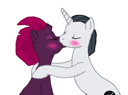Size: 581x429 | Tagged: safe, artist:decokenite, artist:nawnii, chancellor neighsay, fizzlepop berrytwist, tempest shadow, pony, unicorn, g4, blushing, broken horn, duo, eyeshadow, female, horn, kiss on the lips, kissing, makeup, male, mare, shipping, simple background, sitting, stallion, straight, tempest neighsay, white background
