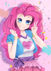 Size: 3208x4440 | Tagged: safe, artist:syvori, pinkie pie, human, equestria girls, g4, bracelet, clothes, confetti, female, heart, jewelry, looking at you, peace sign, skirt, solo