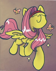 Size: 1029x1291 | Tagged: safe, artist:twiliset, fluttershy, butterfly, pegasus, pony, g4, beam, cute, flying, happy, looking at you, smiling, smiling at you, solo, spread wings, wings