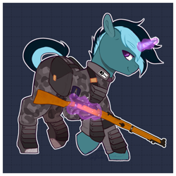 Size: 1257x1257 | Tagged: safe, artist:liefsong, oc, oc only, oc:sol nightshade, pony, unicorn, new lunar millennium, abstract background, alternate timeline, clothes, gun, lee enfield, looking at you, magic, male, military pony, military uniform, nightmare takeover timeline, raised hoof, rifle, smiling, soldier, soldier pony, solo, stallion, uniform, weapon