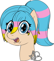 Size: 1580x1760 | Tagged: safe, artist:mranthony2, oc, oc:cuddleshy, pony, bust, eye clipping through hair, looking at you, open mouth, ponytail, portrait, simple background, smiling, smiling at you, solo, transparent background