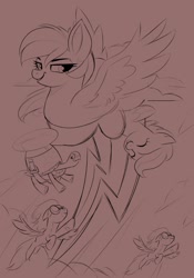 Size: 858x1224 | Tagged: safe, artist:poxy_boxy, rainbow dash, scootaloo, tank, pegasus, pony, tortoise, g4, eyes closed, female, filly, flying, foal, mare, monochrome, sketch, smiling, smirk, wip, wonderbolts