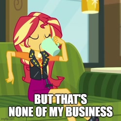Size: 500x502 | Tagged: safe, edit, edited screencap, editor:megalobronia, screencap, sunset shimmer, human, equestria girls, g4, my little pony equestria girls: better together, text support, text support: sunset shimmer, but that's none of my business, caption, cropped, drinking, food, image macro, imgflip, meme, mug, tea, teabag, text