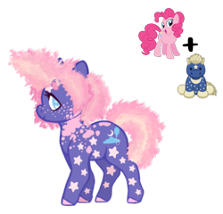 Size: 1000x958 | Tagged: safe, artist:adopdee, artist:vernorexia, pinkie pie, earth pony, pony, g4, afro, base used, blue eyes, body markings, chibi, chubby, colored hooves, curly hair, eyebrows, facial markings, female, freckles, fusion, fusion diagram, markings, pink mane, request, short tail, simple background, solo, spots, stars, tail, transparent background, webkinz, webkinz starry stallion