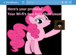 Size: 1238x900 | Tagged: safe, artist:andoanimalia, edit, editor:thegamerpainter, pinkie pie, earth pony, pony, derpibooru, g4, the maud couple, 1000 hours in ms paint, black background, breaking the fourth wall, female, looking at you, meta, microsoft, microsoft windows, pinkie being pinkie, png, raised hoof, simple background, solo, text, vector, white background, wi-fi