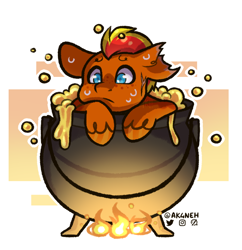 Size: 814x842 | Tagged: safe, artist:ak4neh, oc, oc:fireheart(fire), pony, cauldron, concerned, cooked alive, cooking, fire, solo, this will end in death, torn ear