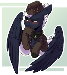 Size: 1795x2002 | Tagged: oc name needed, safe, artist:ak4neh, oc, oc:avery, pegasus, pony, blushing, clothes, hat, military pony, military uniform, spread wings, torn ear, uniform, wings