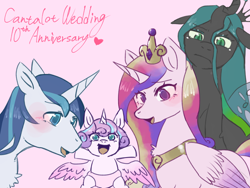 Size: 2048x1536 | Tagged: safe, artist:metaruscarlet, princess cadance, princess flurry heart, queen chrysalis, shining armor, alicorn, changeling, changeling queen, pony, unicorn, canterlot wedding 10th anniversary, g4, baby, baby pony, female, male, mare, pink background, simple background, stallion