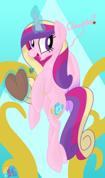 Size: 1920x3250 | Tagged: safe, artist:notadeliciouspotato, princess cadance, alicorn, pony, canterlot wedding 10th anniversary, g4, abstract background, chocolate, female, food, levitation, magic, mare, open mouth, open smile, smiling, solo, talking to viewer, telekinesis