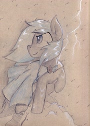 Size: 2441x3387 | Tagged: safe, artist:foxtrot3, oc, oc only, oc:raineshine, earth pony, pony, clasp, cloak, clothes, glowing art, heroic, high res, lightning, pose, rain, solo, standing, wet, wet mane