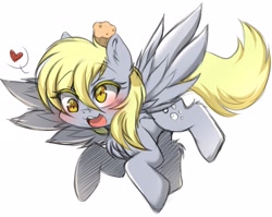 Size: 2048x1630 | Tagged: safe, artist:papilrux, derpy hooves, pegasus, pony, g4, blushing, cute, derp, derpabetes, female, flying, food, heart, mare, muffin, open mouth, pictogram, simple background, solo, speech bubble, white background